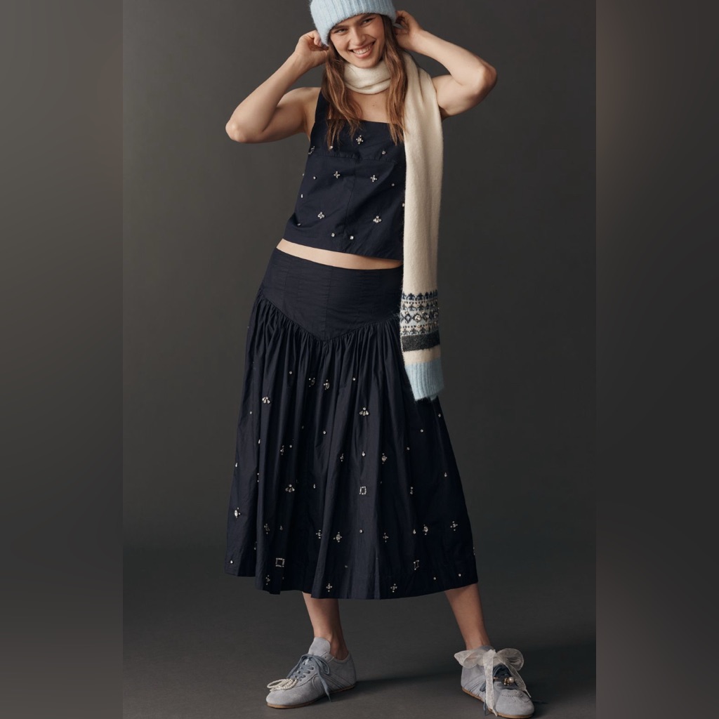 2-Piece Anthropologie Sleeveless Embellished Top & Basque Waist Midi Skirt-Navy